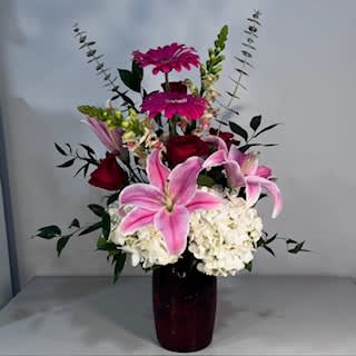Embossed Red Heart Glass Vase filled with White Hydrangea, Oriental Lilies and
