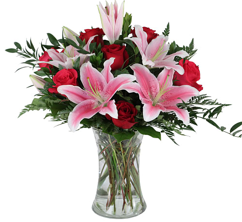 Our original Two Hearts arrangement showcases beautiful red roses and stargazer lilies