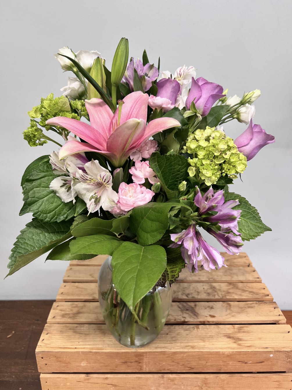 Pink, Lavender, White, and Green flowers for your favorite person. 