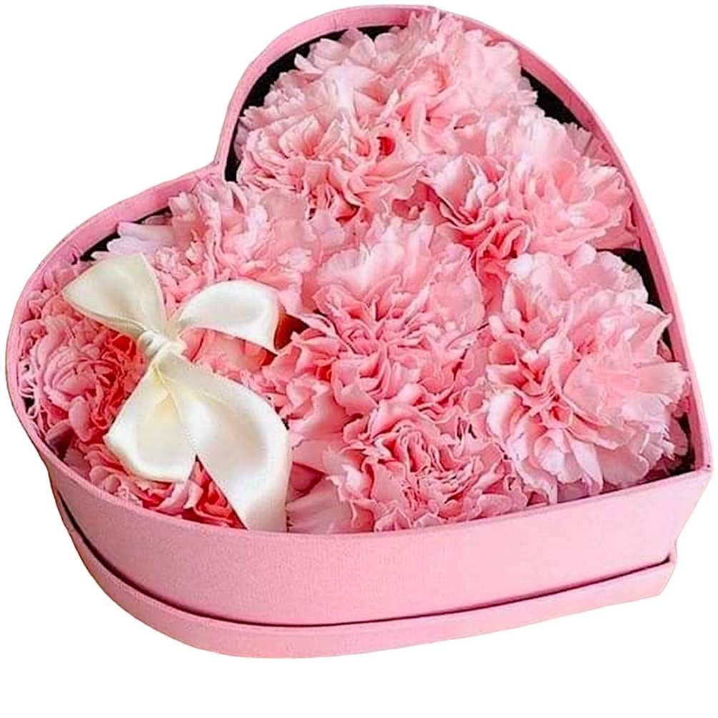 A modern flower arrangement in a heart box filled with pink carnations.