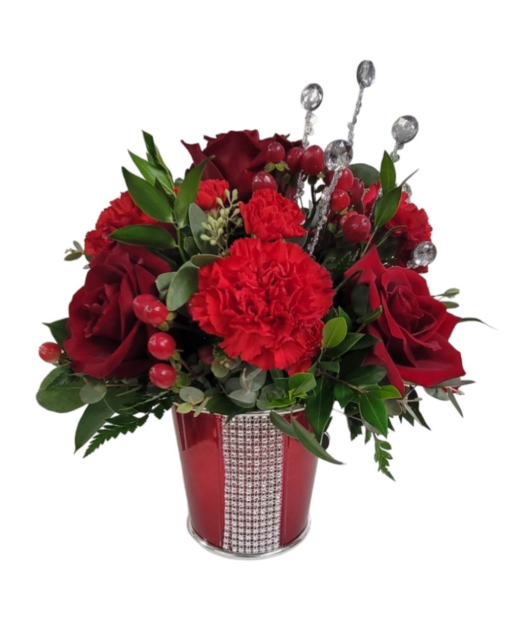 An all red arrangement consisting of roses, carnations, minicarnations and hypericum berries.