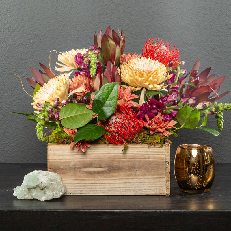 This, our most classic rustic wooden box filled with fall colors, but