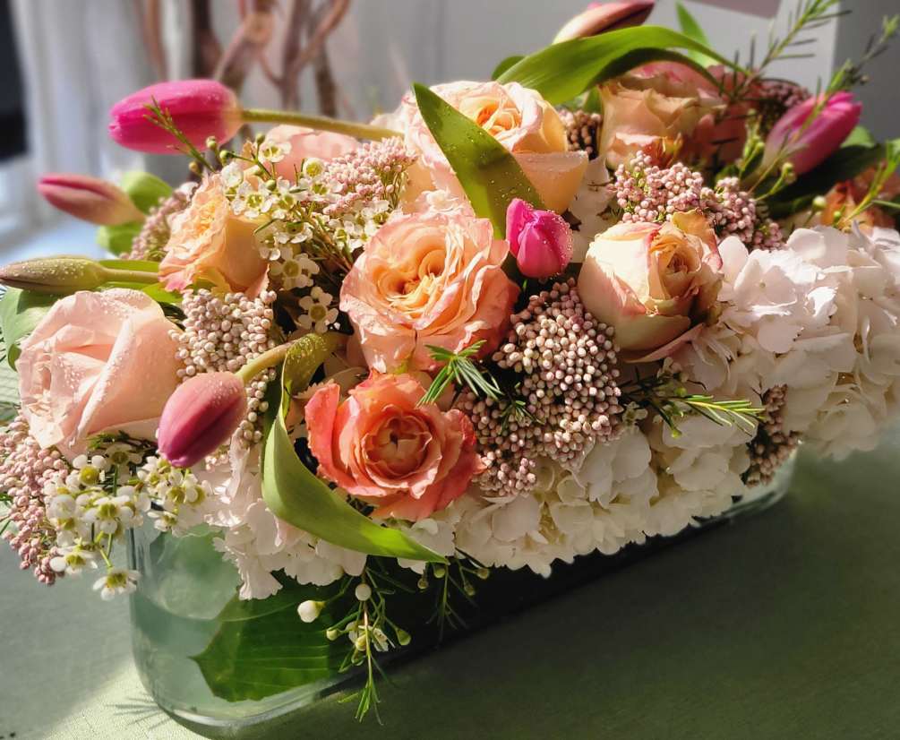 Hydrangeas, roses, tulips, rice flowers, wax flowers