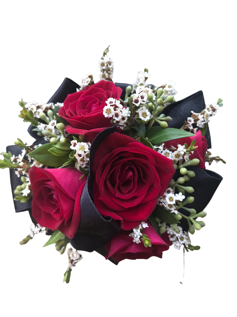 Red Spray roses with greenery and filler with Black ribbon on pearl