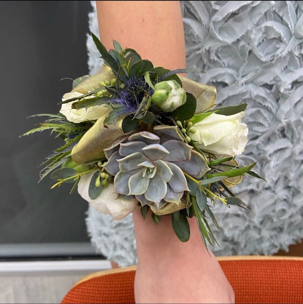 Succulent, Ranunculus, Spray Roses, Thistle and Greenery with gold ribbon on pearl