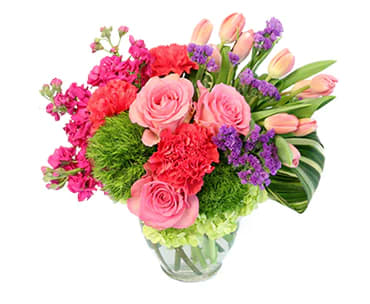 Brighten their day with this vibrant bouquet! With hot pink carnations, green