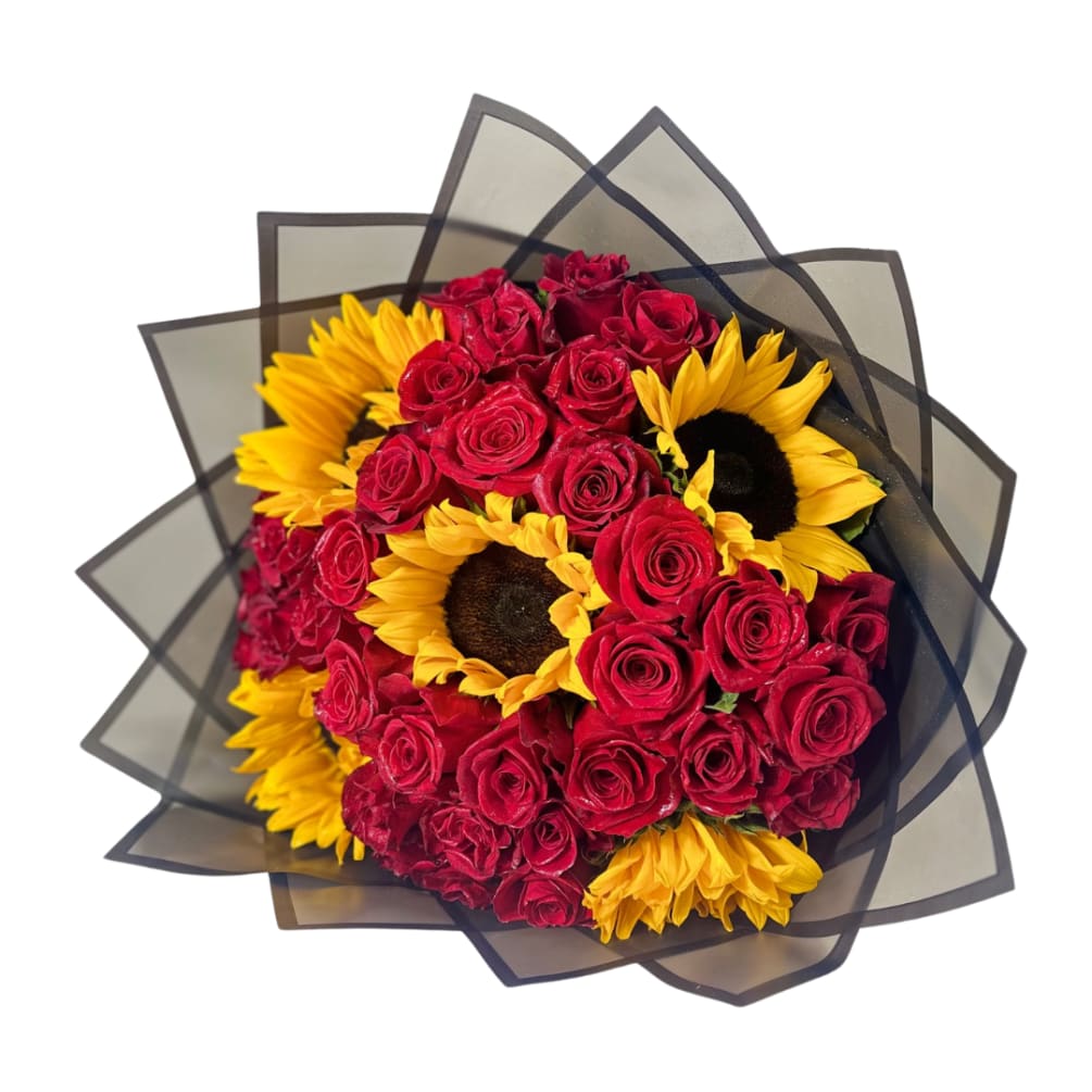 Stunning red rose bouquet with beautiful sunflowers. 