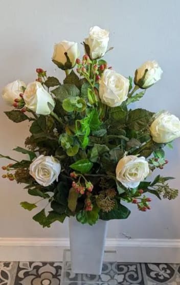 Dozen White Roses in White Vase (Silk Arrangement)