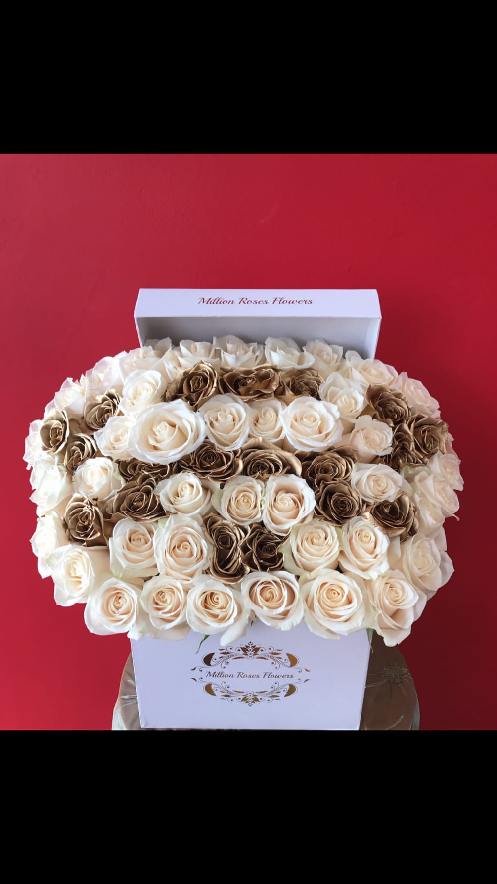 WHITE AND GOLD ROSES IN WHITE BOX 