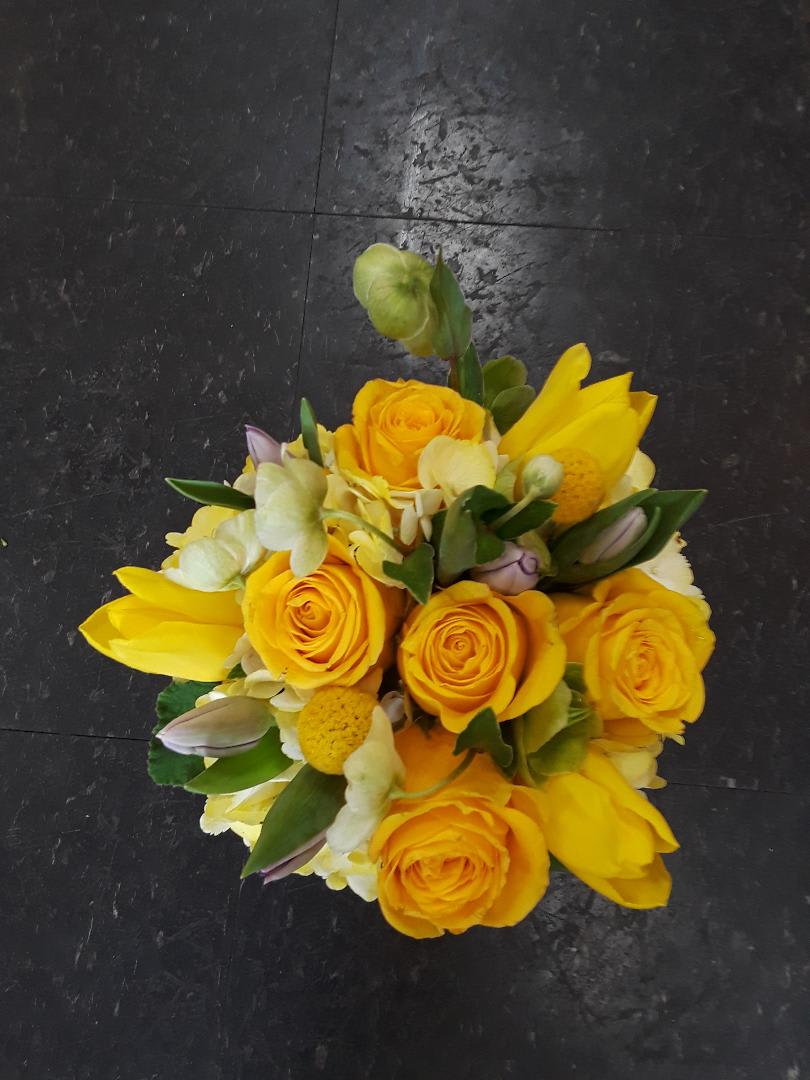 yellow roses, tulip, haloboro hydrangea