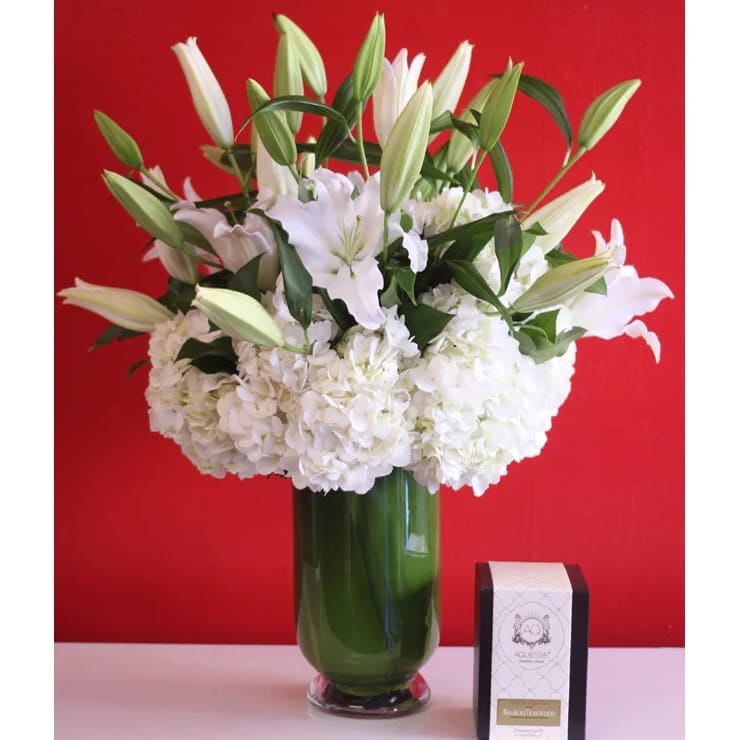 Classic White Lilies and White Hydrangeas tall glass vase 