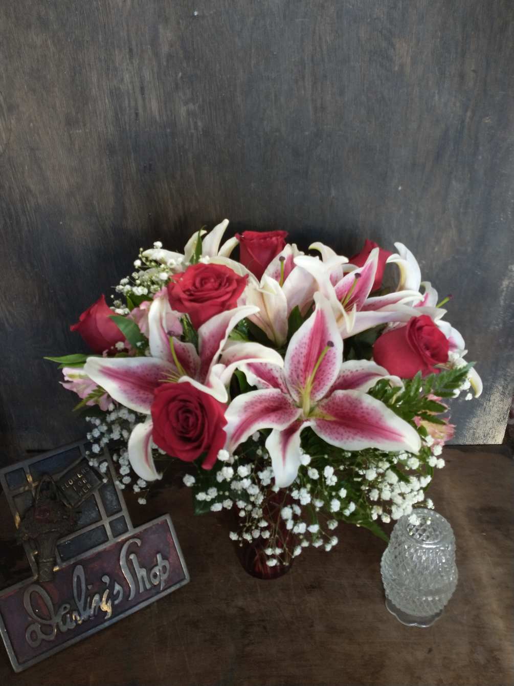 Red roses and Oriental Lilies