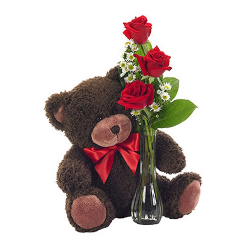 Trio of Red Roses and Bear