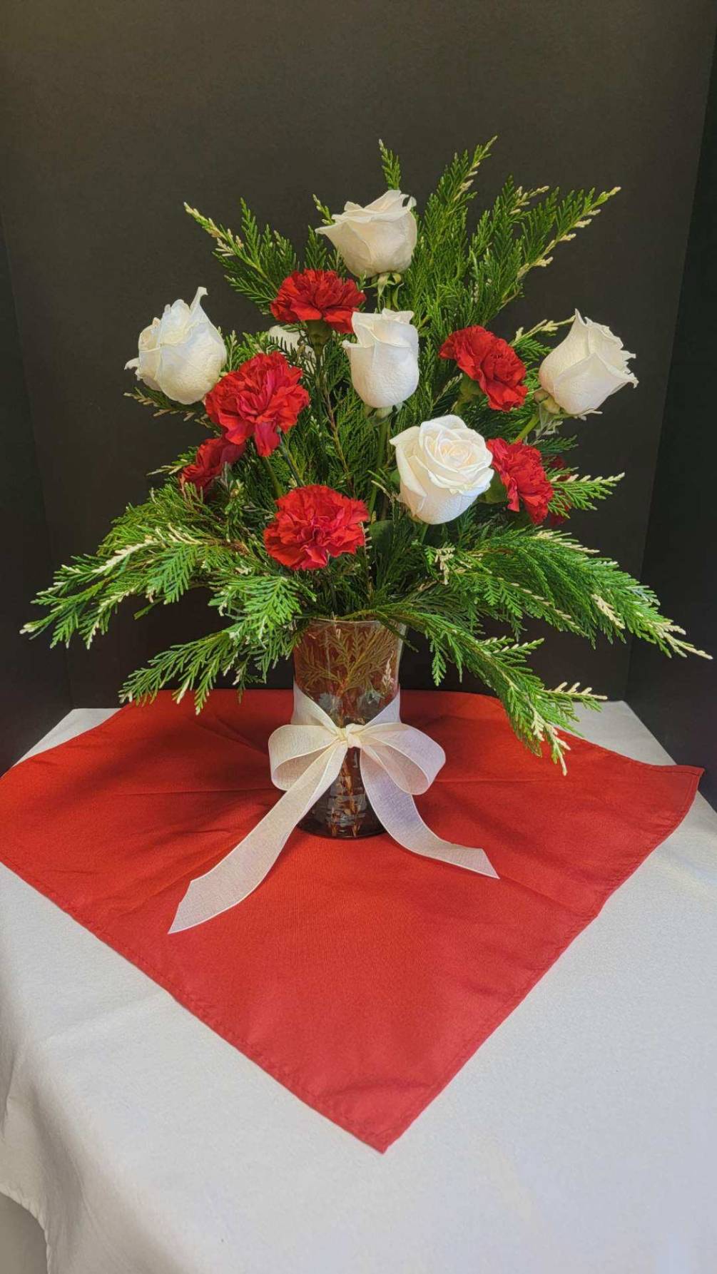 bakers dozen of flowers- mix or white roses and red carnations with