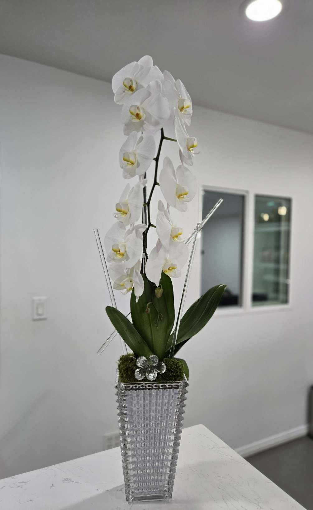 White cascading orchid plant in crystal vase. An elegant touch for a