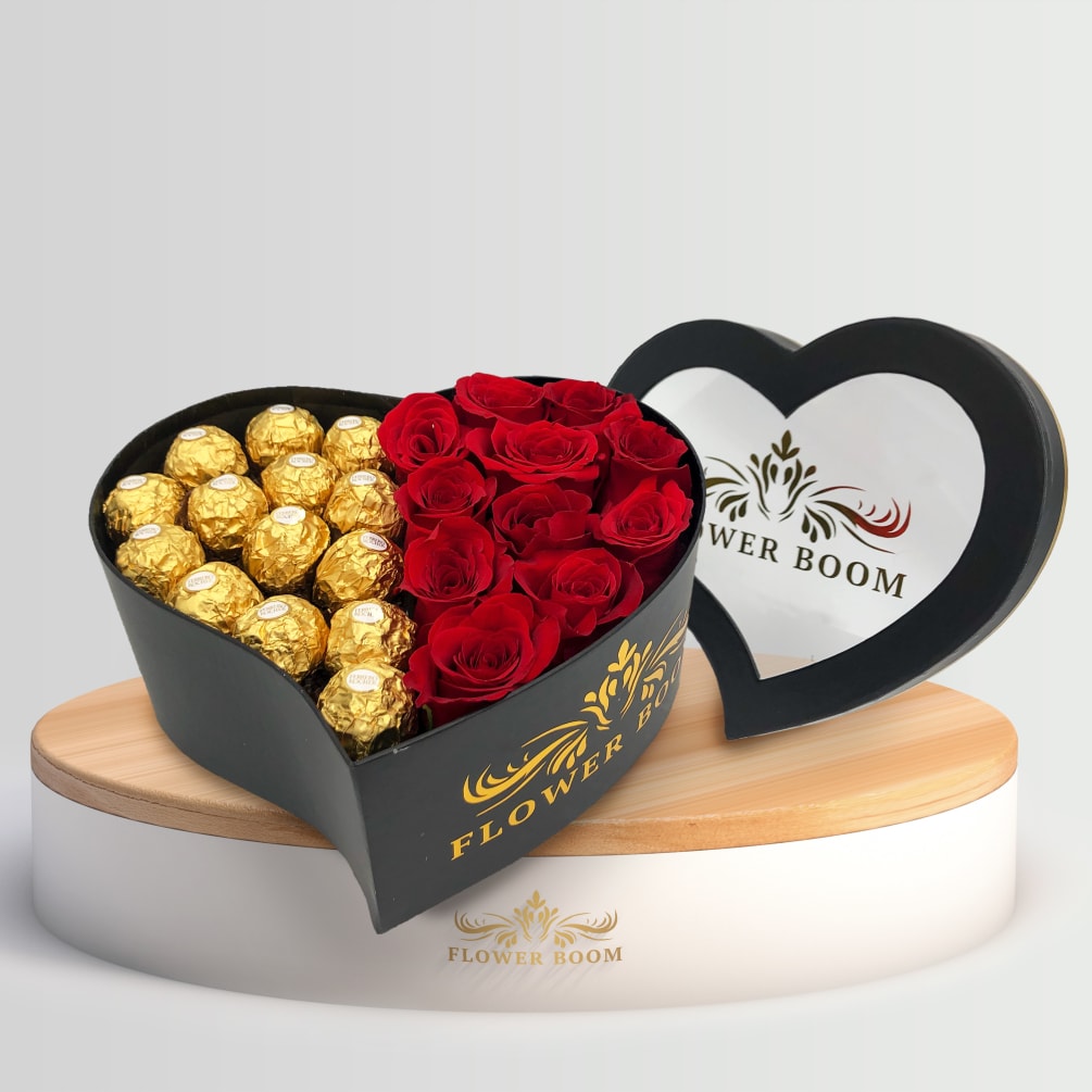 Cutest heart shaped box with high quality fresh red roses &amp; Ferrero