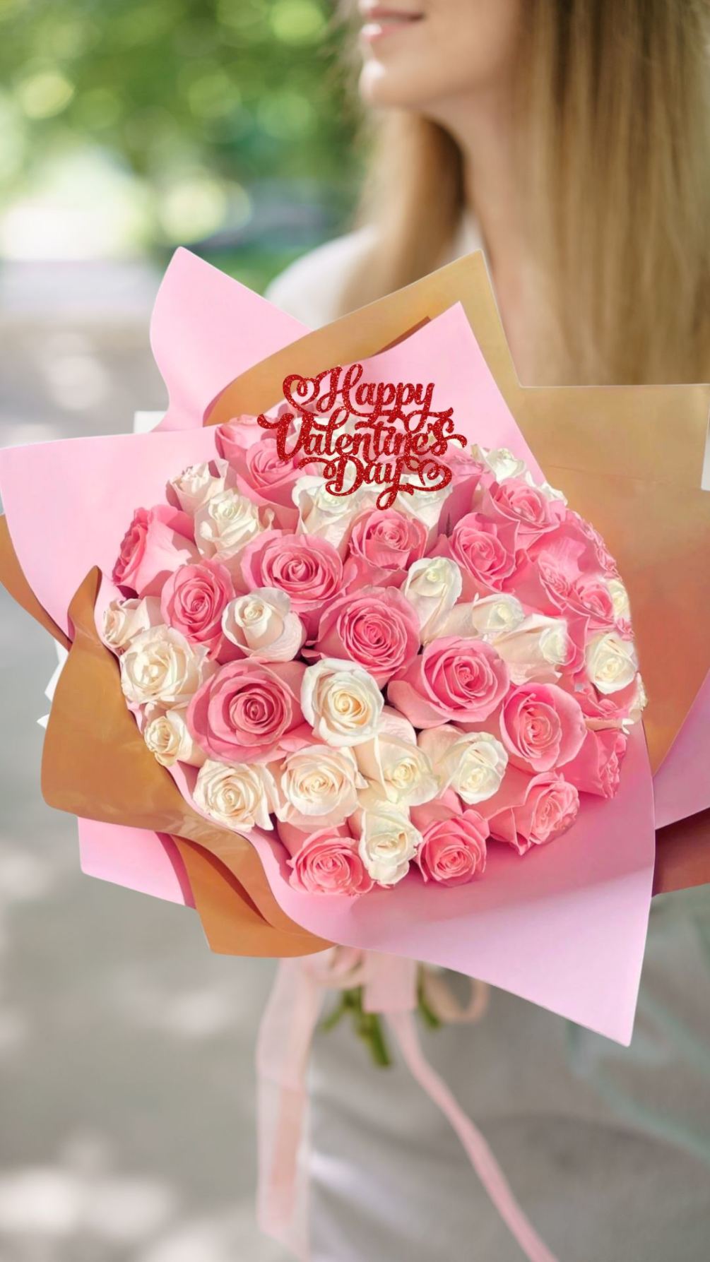 50 Luxurious Pink &amp; White Roses Hand Tied Bouquet With Valentine Pick.