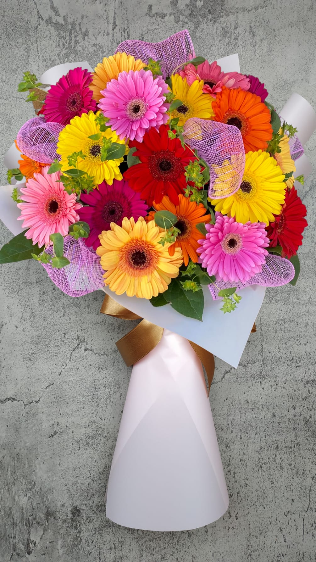 Beautiful Colorful Hand Tied Bouquet With Assorted Gerber Daisies. Symbolic Of Joy