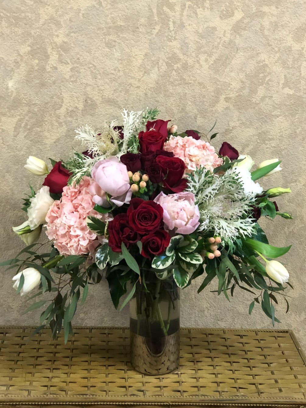 Type of Flowers: Pink Peonies, Pink Hydrangeas, Red Roses, White Lisianthus, White