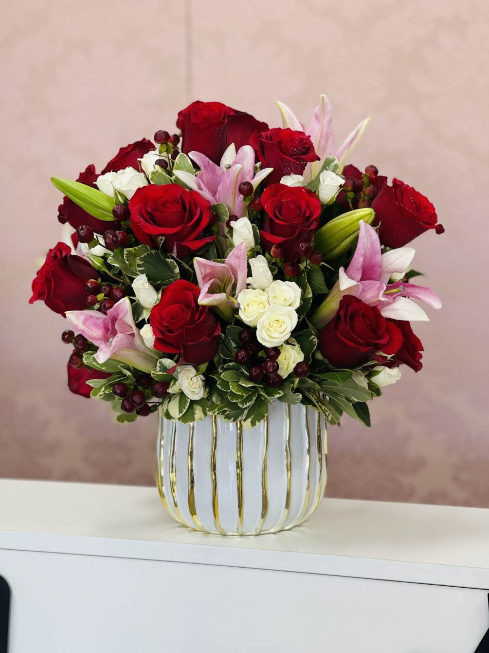 24 Red Roses , Lilies , spray roses , hypericum and