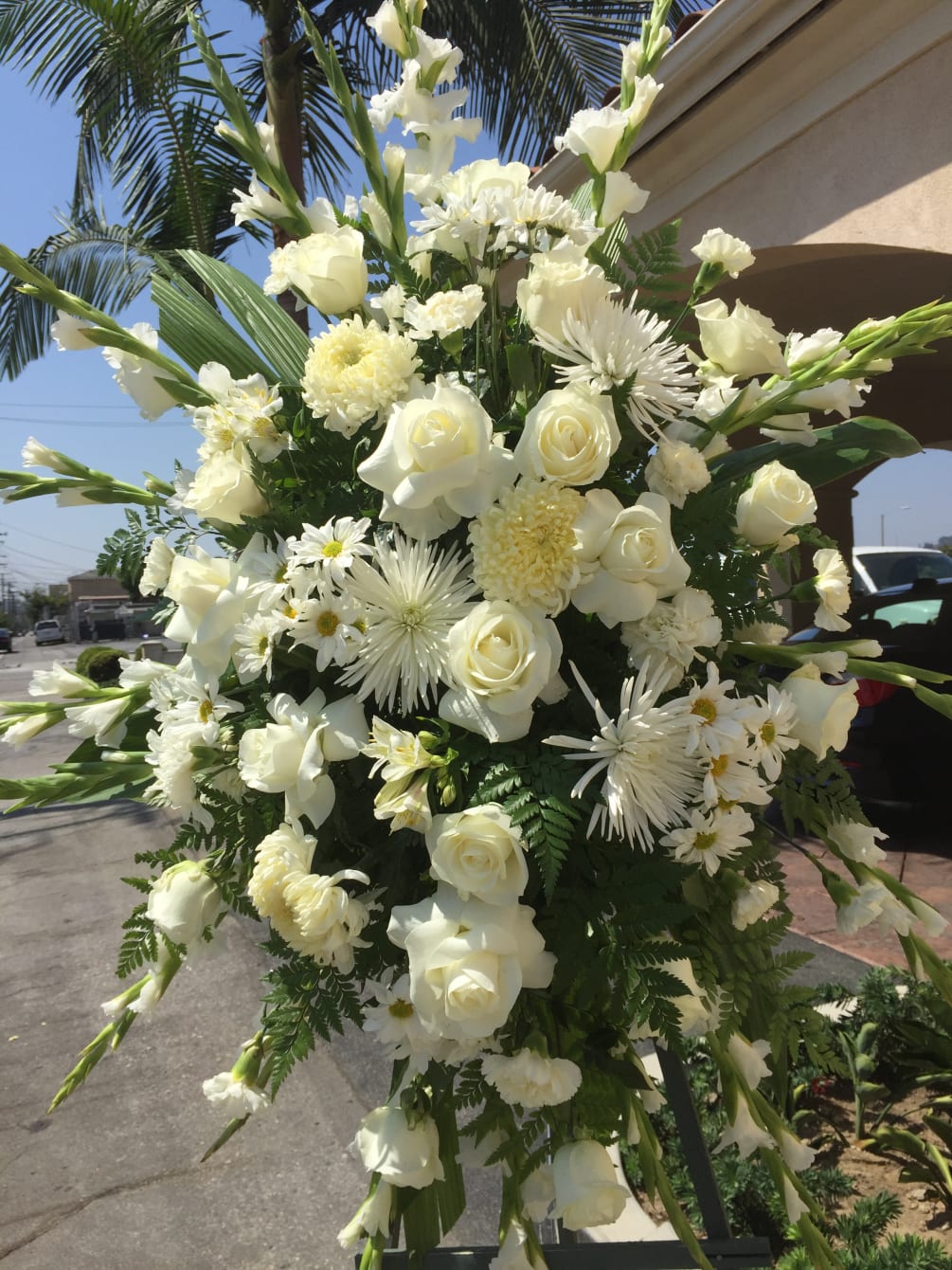 White Funeral Spray Arrangement by Highland Park Florist