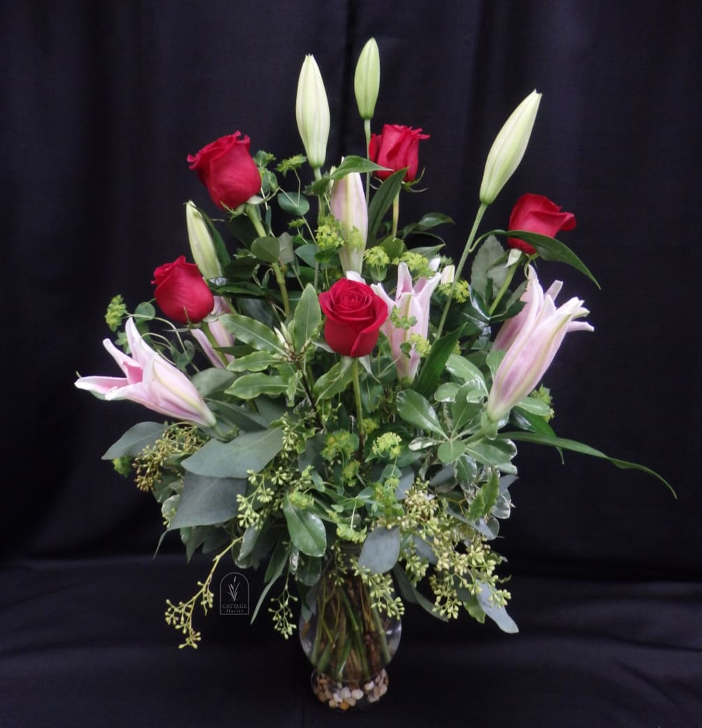 6 Red Roses and Pink Oriental Lilies  
