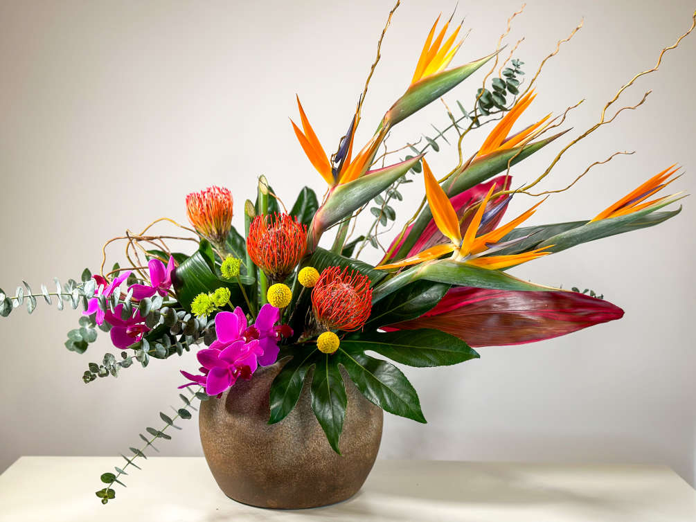The combination of Tropical flowers in a round Terracotta vase, paired with