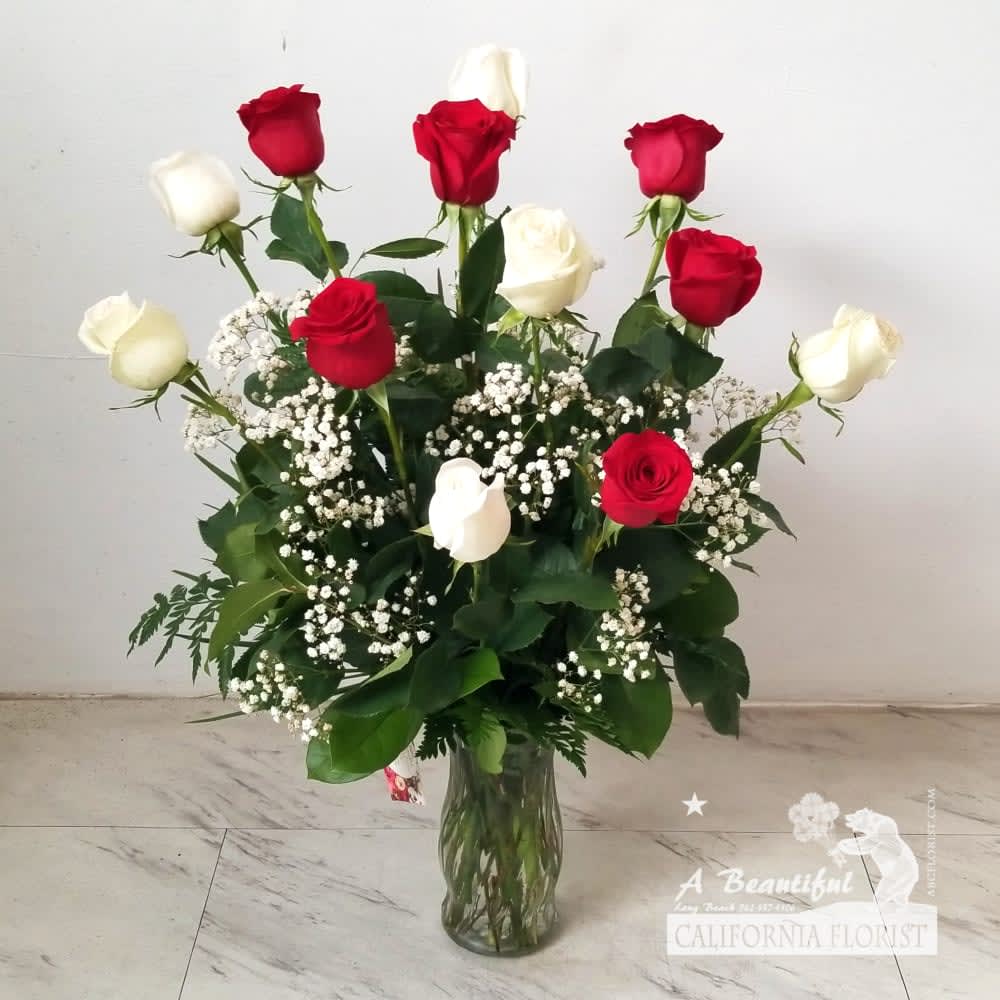 Beautiful long stem Red and White roses arranged in the vase with