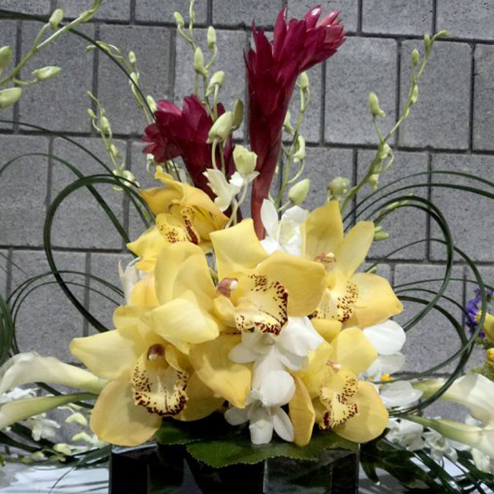 Exotic modern arrangement designed with yellow cymbidium orchids, white debdribium orchids, and