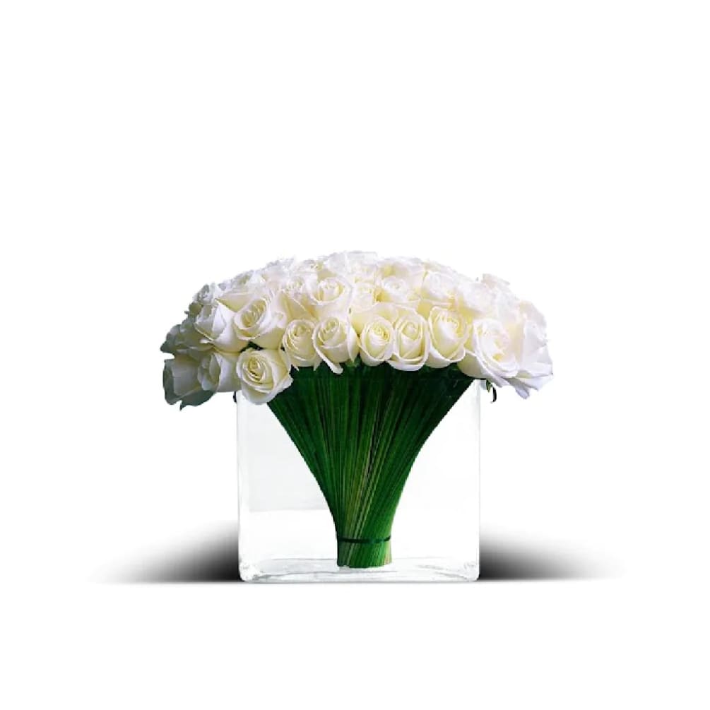 This elegant bouquet features pristine white roses, exuding timeless beauty and grace.