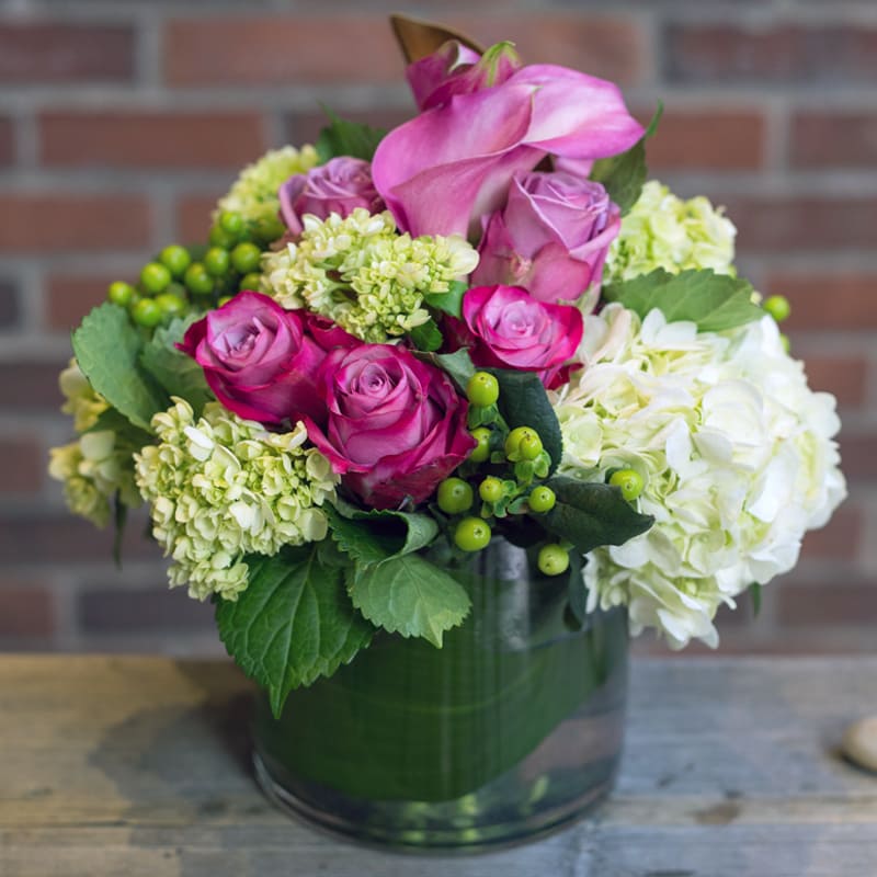 An array of deep purple roses, green and white hydrangea and mini