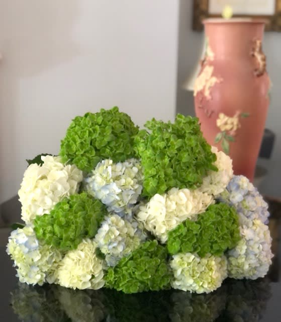 A total of 15 stems of green, blue, and white hydrangea wrapped