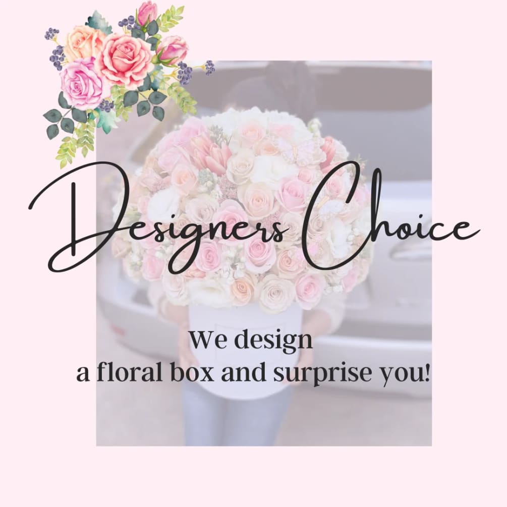 Designers choice round flower box with mixed flowers and colors. 