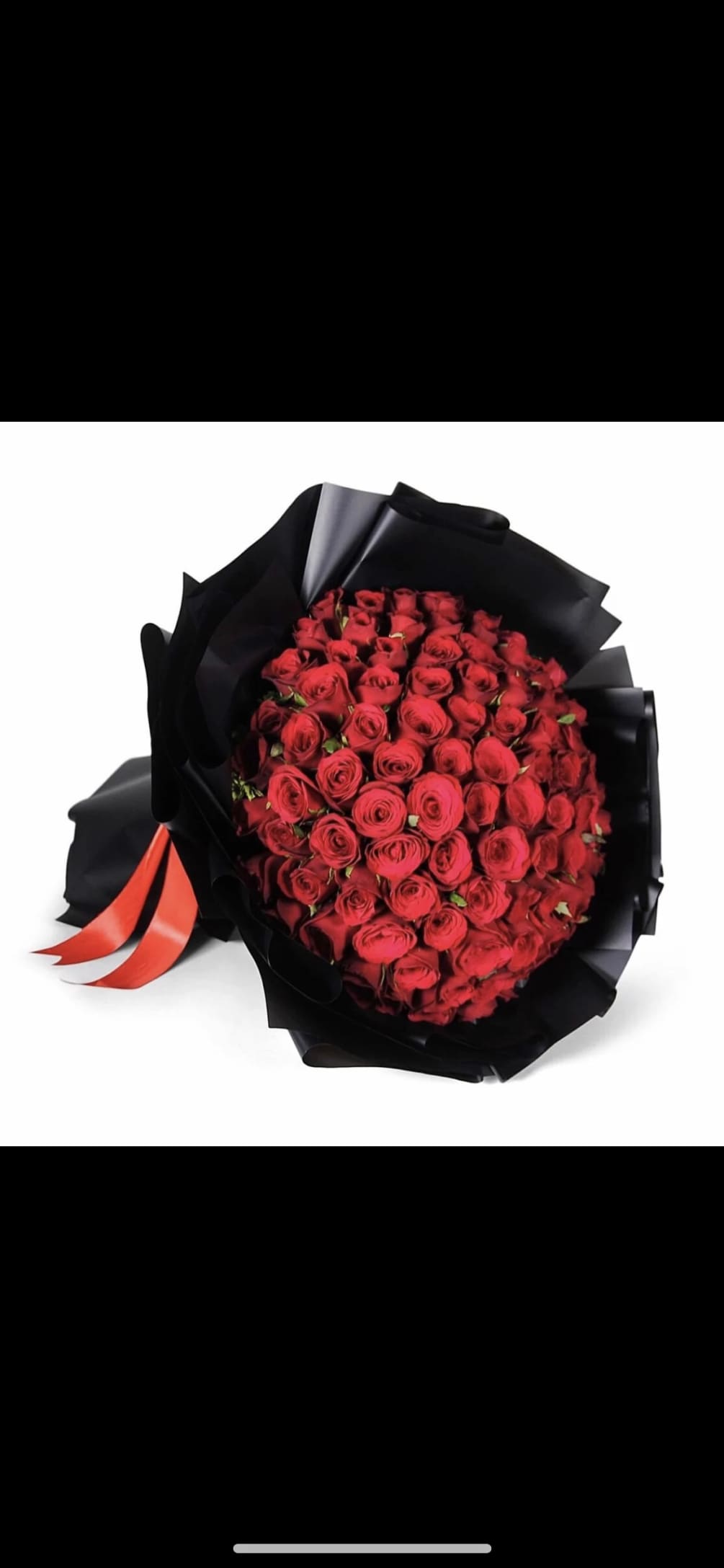 100 roses wrapped in our classic sexy black papers with large red