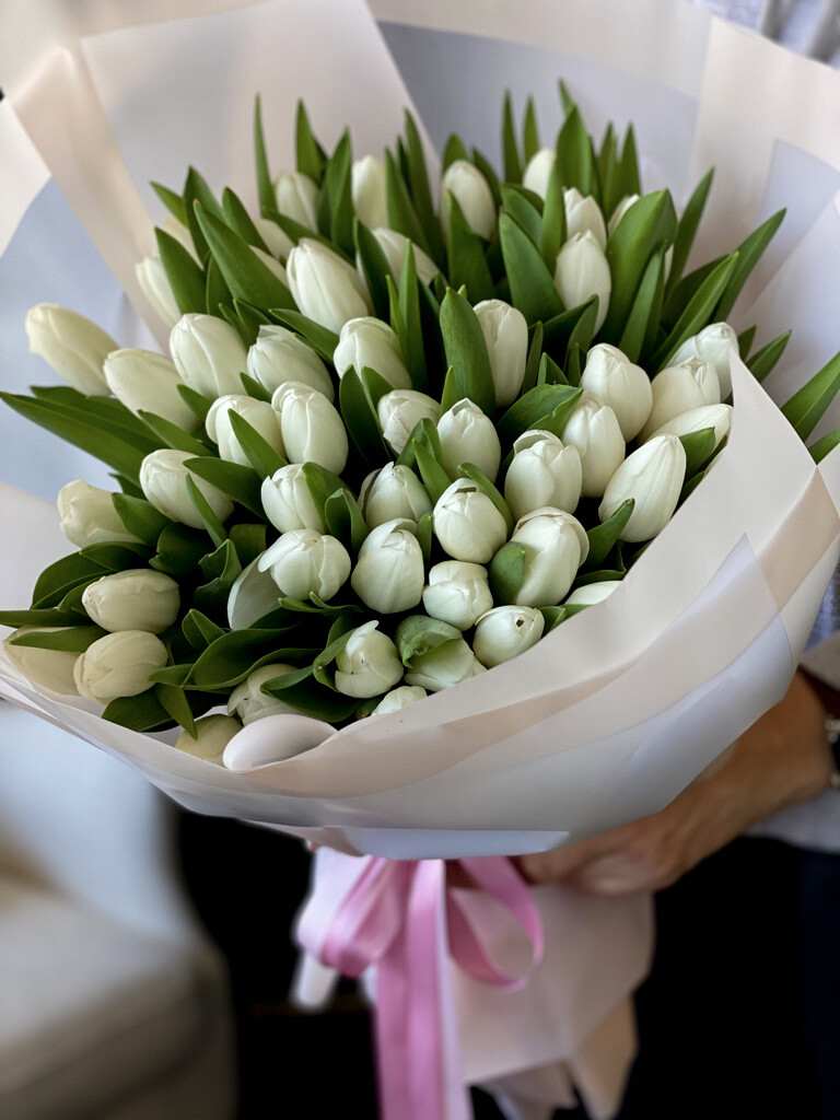 50 white tulips hand-crafted bouquet 