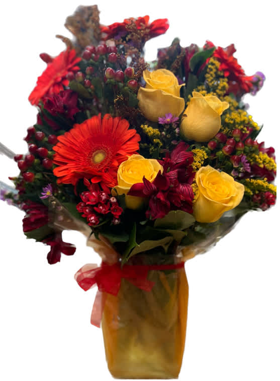 This lovely arrangement is perfect for summer, spring or fall with bright