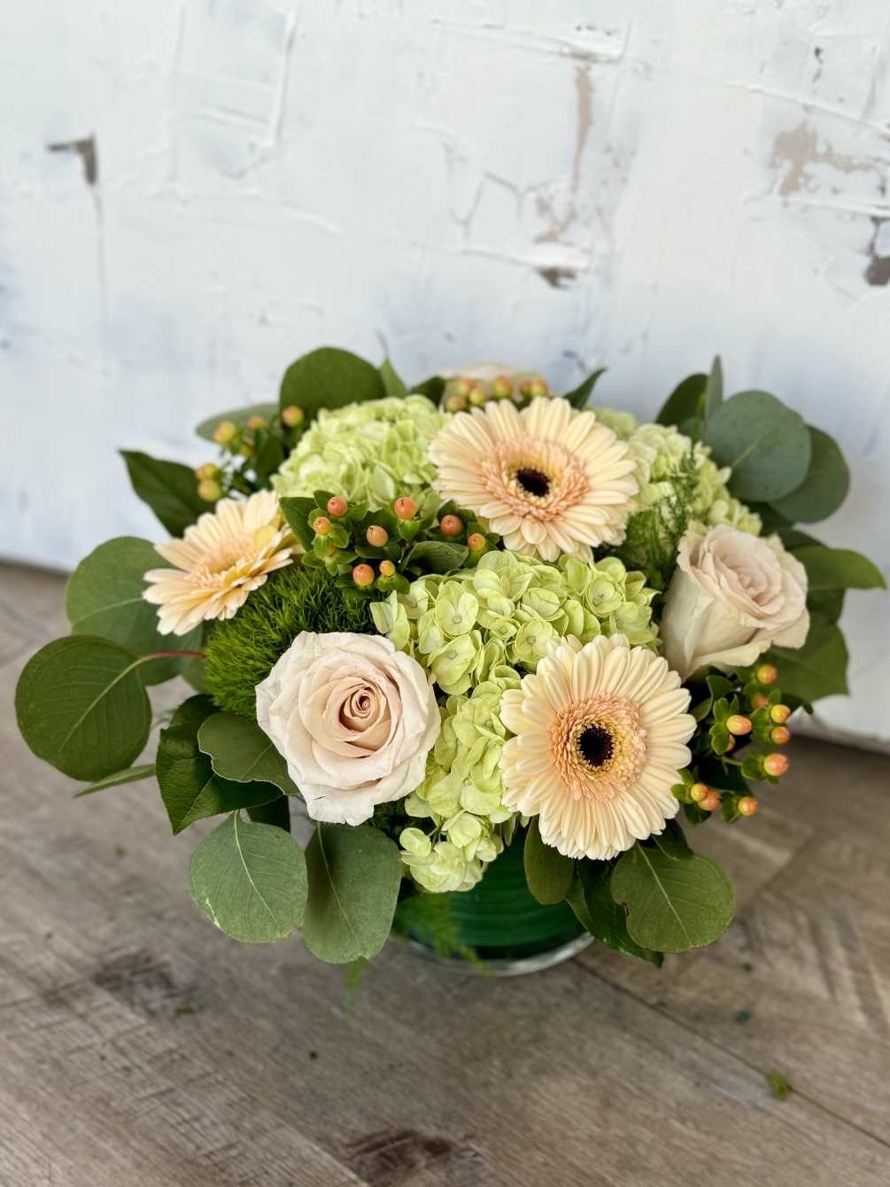 This Gerber Delight arrangement features lush green Hydrangeas and is complemented by