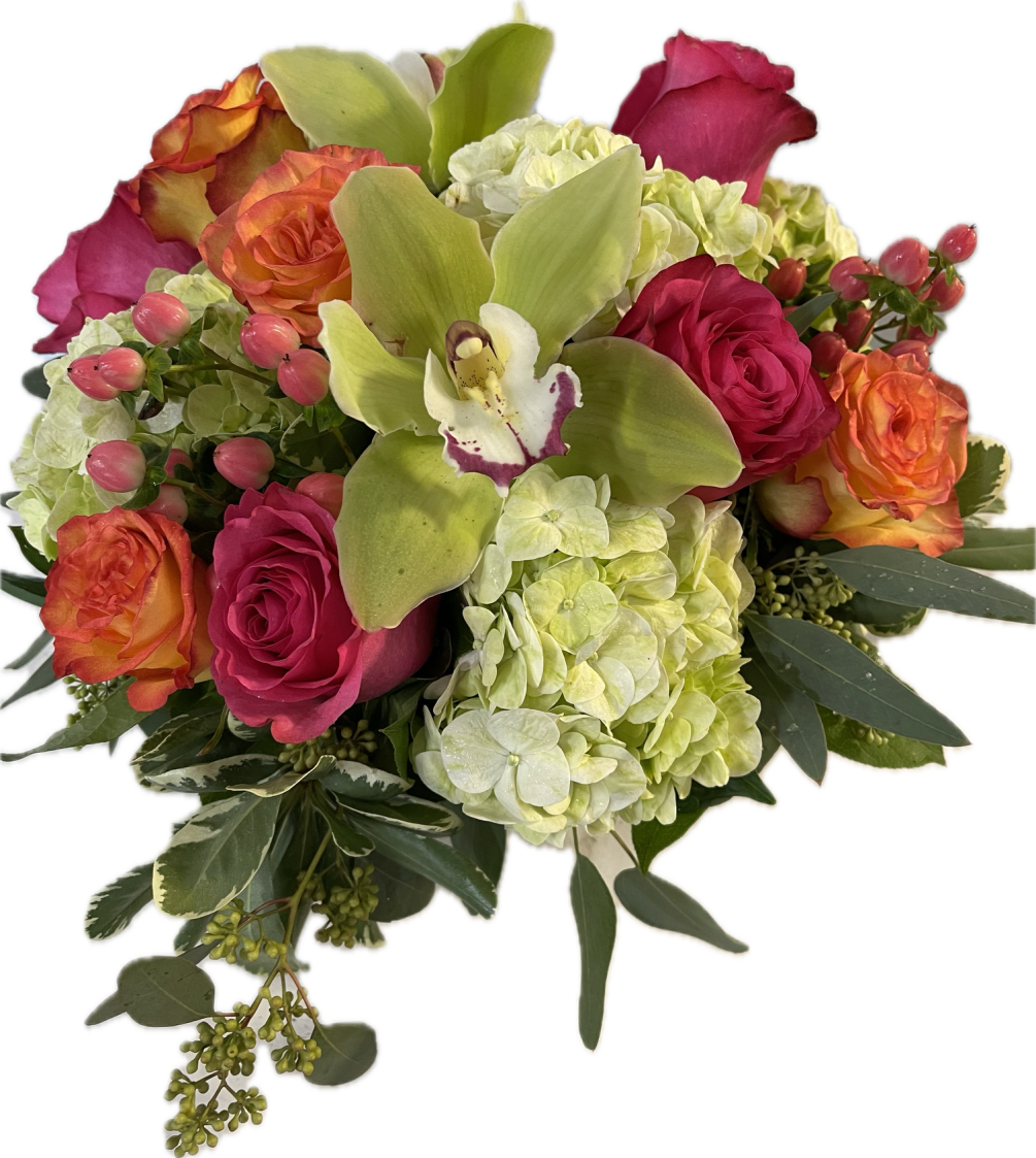 Stunning 5x5 glass cube with hot summer colors...roses, hydrangea, cymbidium orchids and