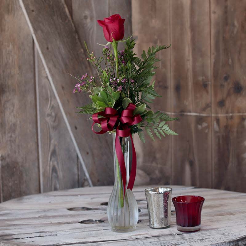 Single red rose in a clear vase with wax flower, bear grass