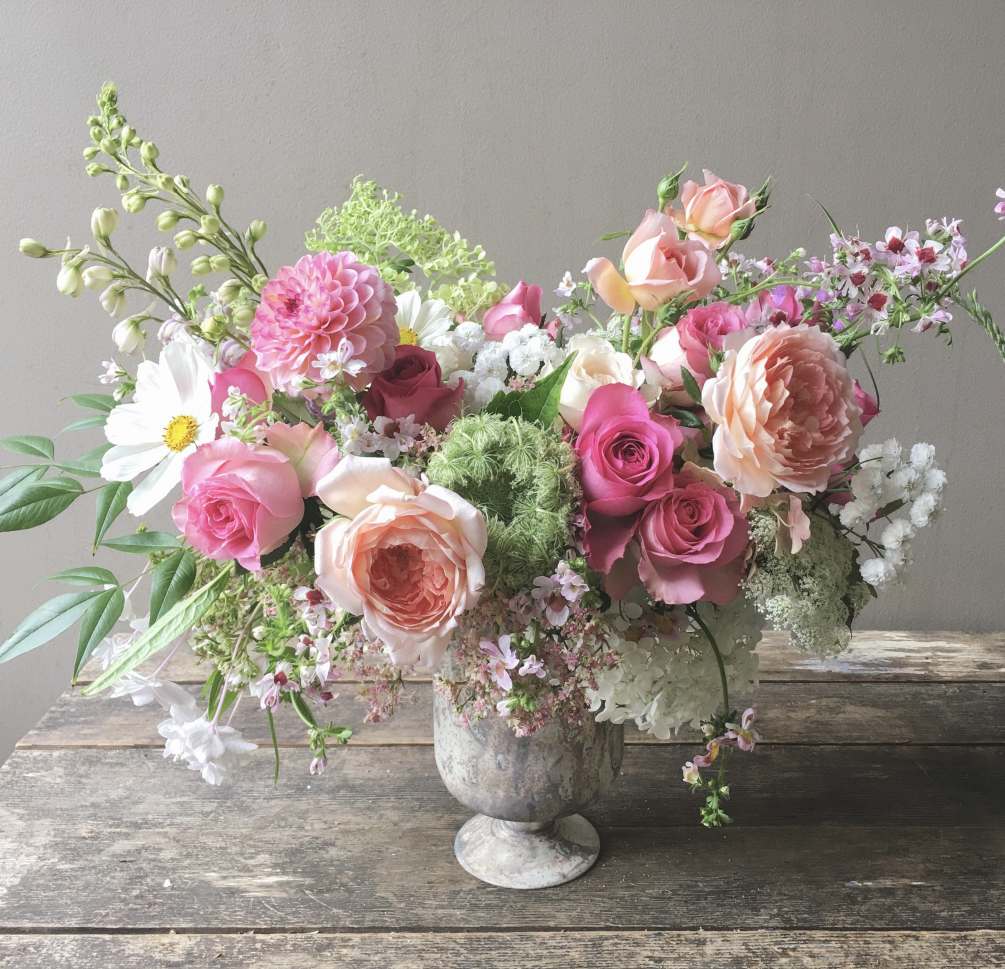 A gorgeous bouquet in soft romantic colors! Garden roses, dahlias and other