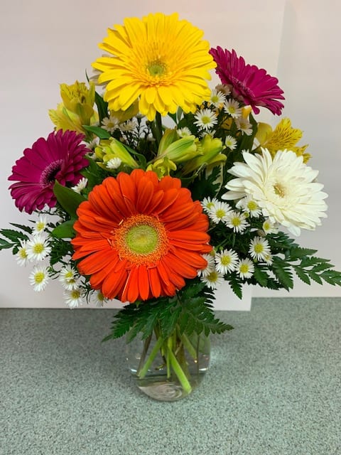 Assorted Colored Gerbera daisies make up this happy vase design.  Gerber&#039;s