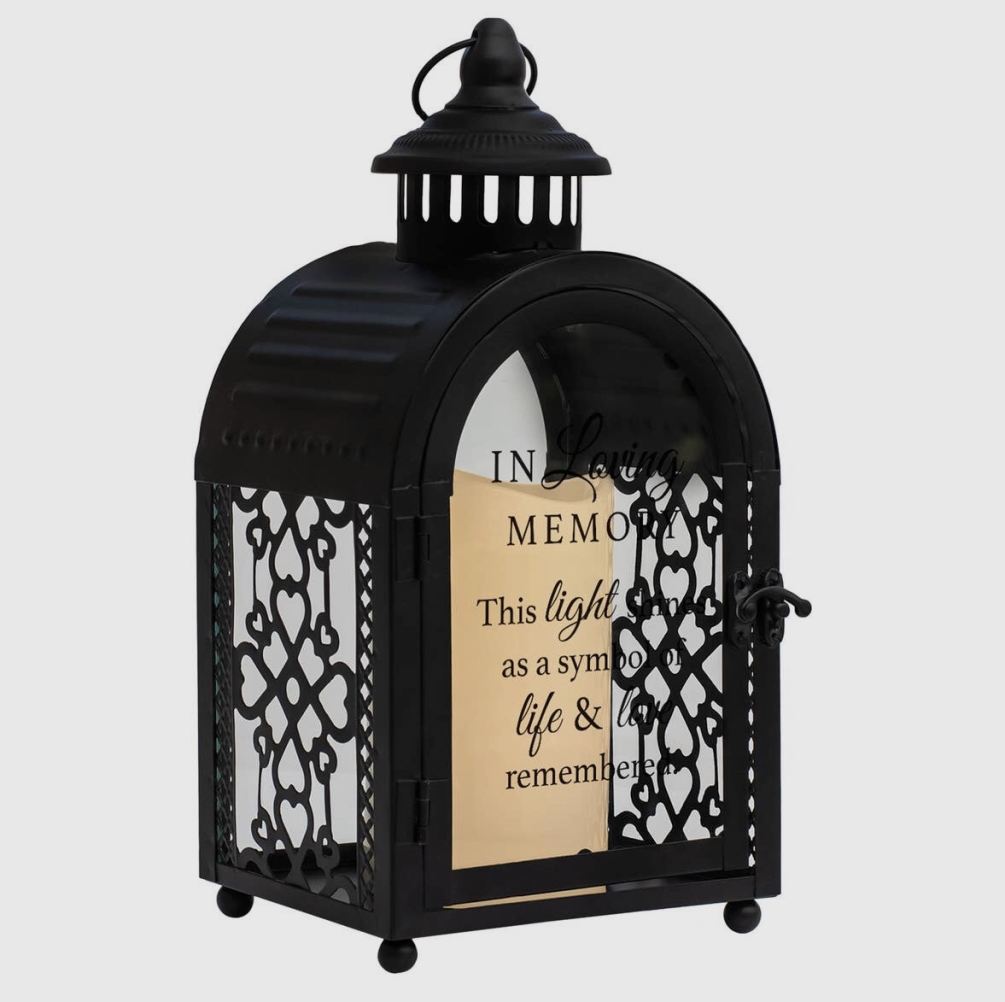 With an LED candle and quote on the door, this lantern is