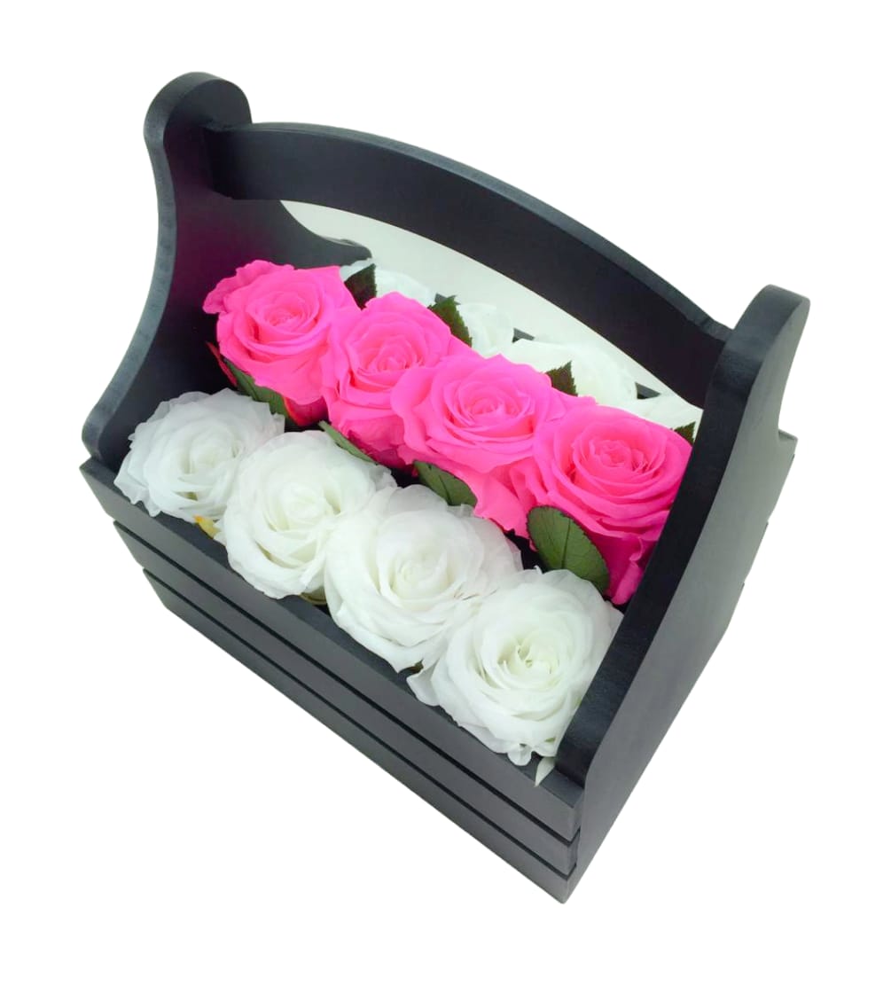 Everlasting Rose: Wooden Black basket 12 roses in White and pink. It