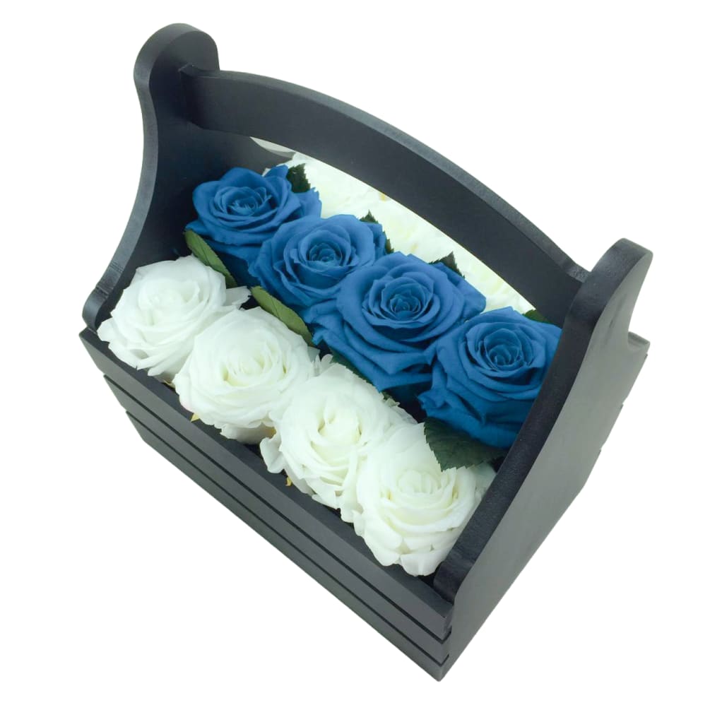 12 white and blue roses in black wooden basket.  It will