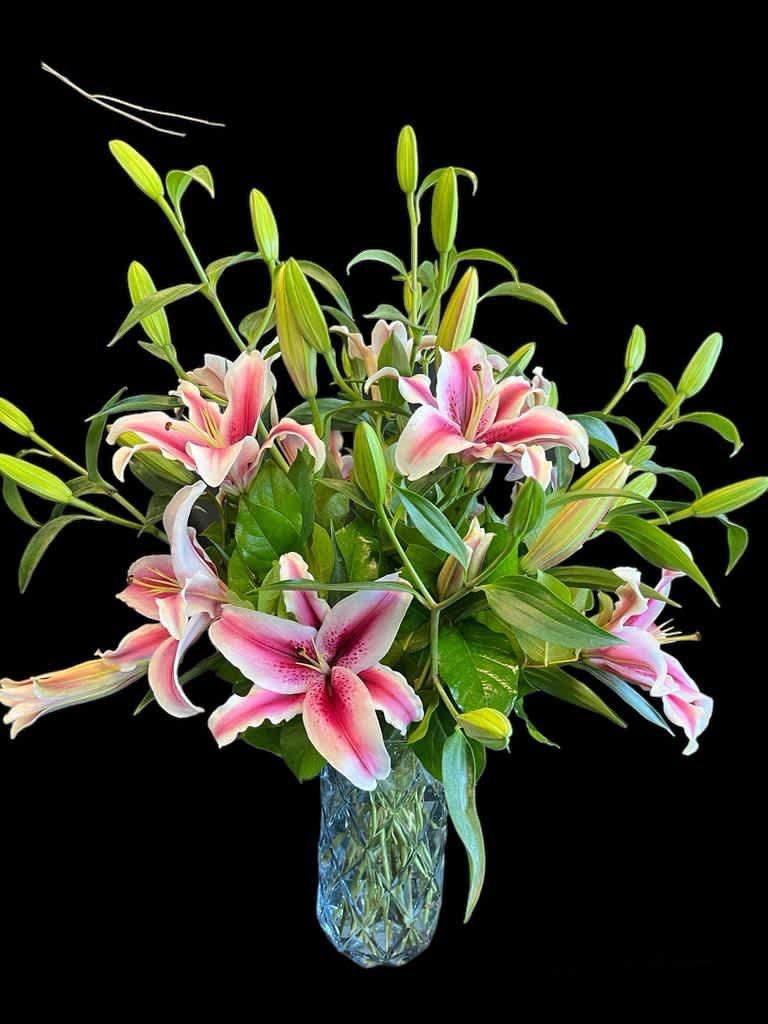Ten stems of Stargazer lilies in a luxury BB glass vase