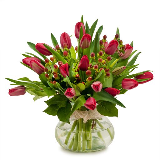 Bold and beautiful red tulips accented with hypericum berries. Approximately 12&quot;W X