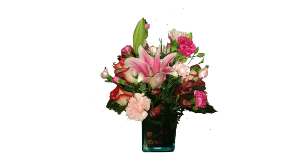 Lily carnation and rose in assorted shades of pink.