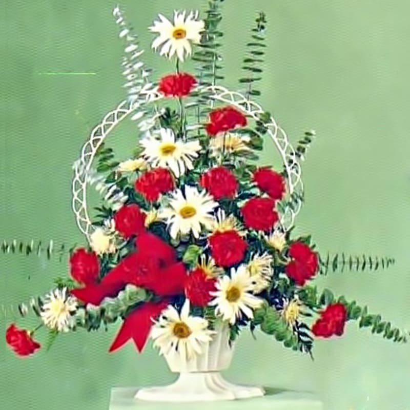 A stunning arrangement of red and white carnations and daisies, this piece