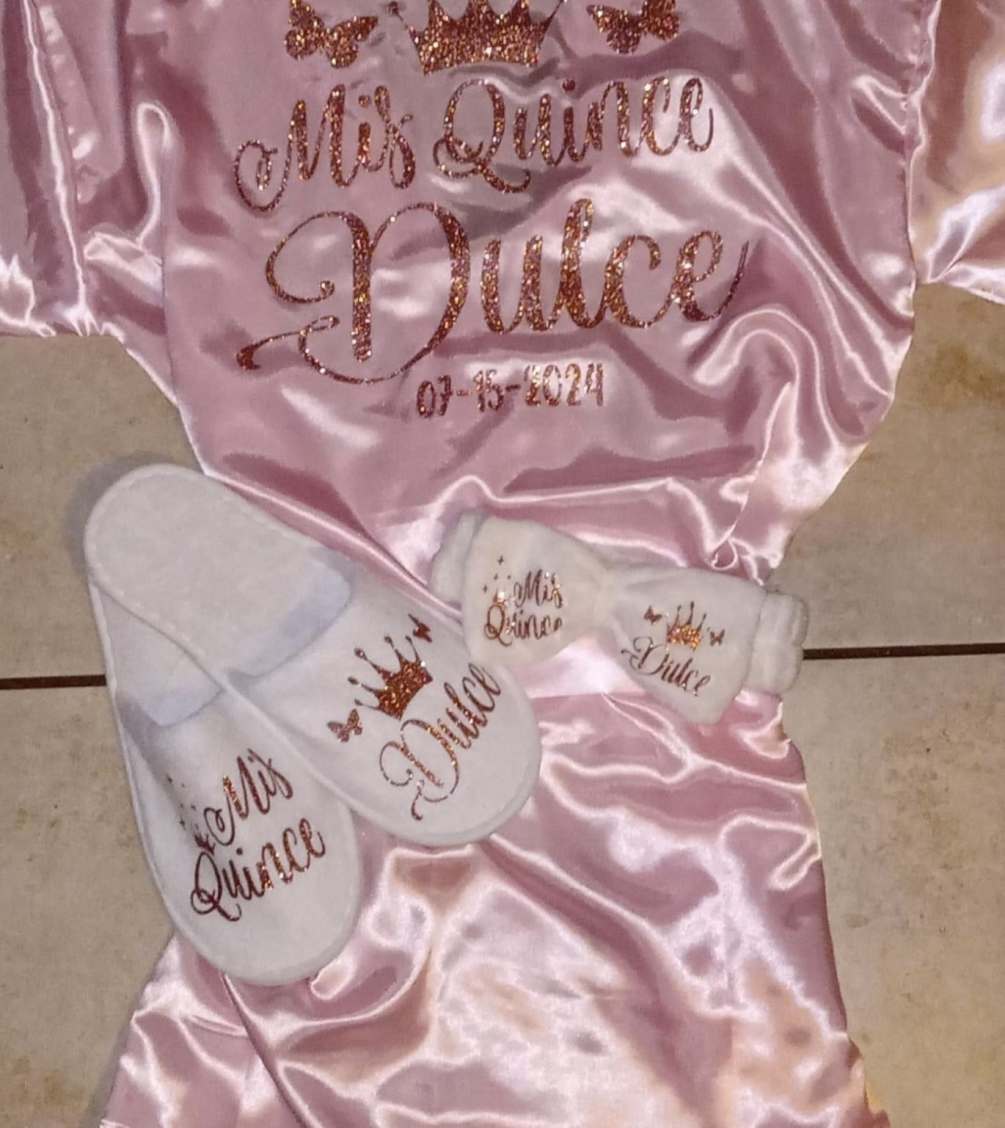 Silk robe and slippers personalize set for brides, bridesmaids, quinceaneras, Sweet 16th