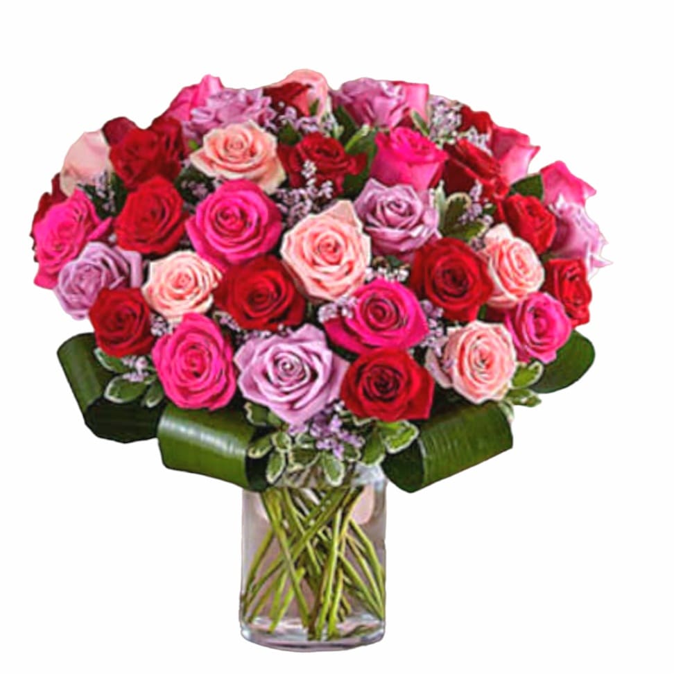50 roses in mixed colors. This arrangement is in a short vase